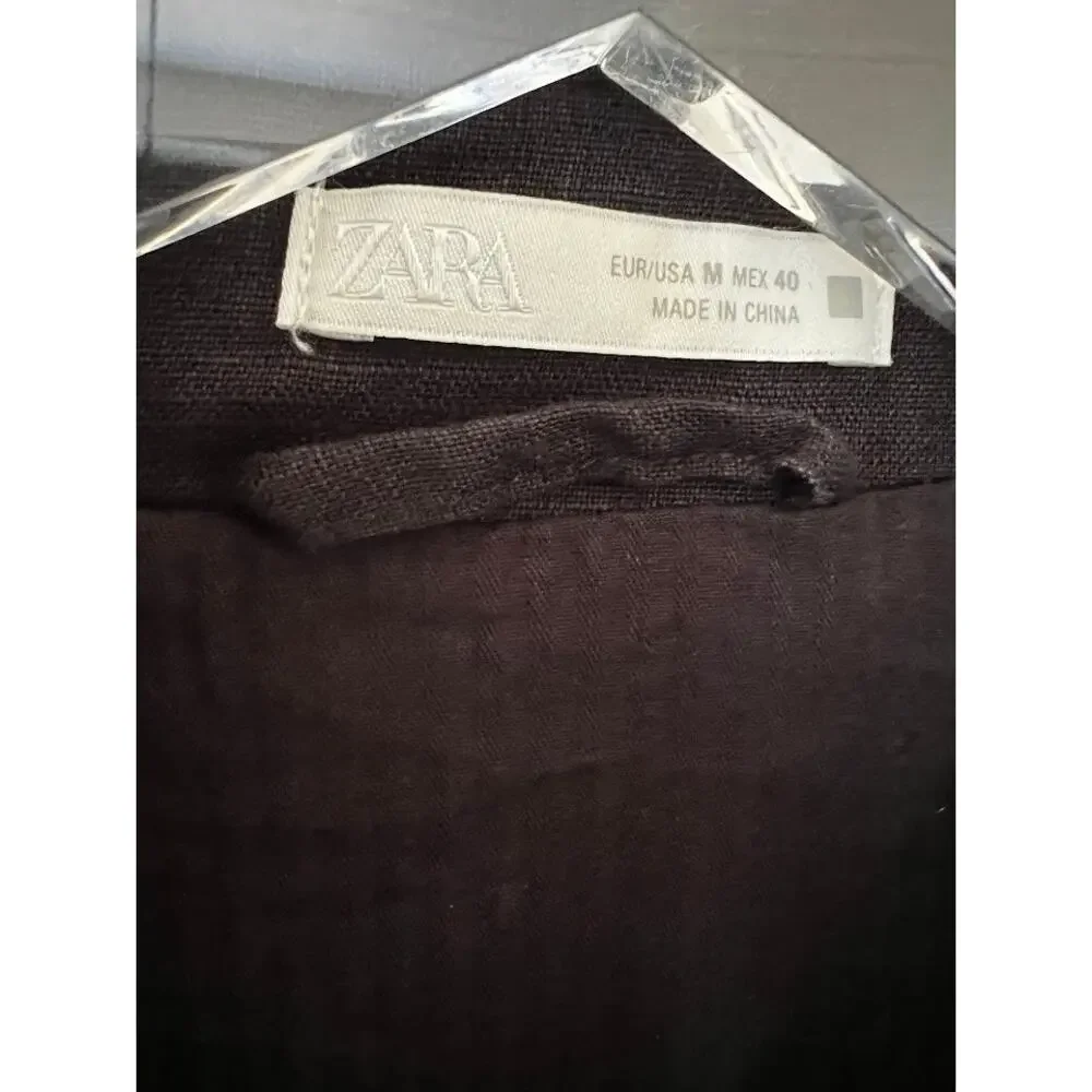 Zara Men's Black 100% Linen Zip-Up Harrington Jacket M Drawstring Hem